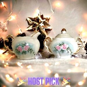 Mini Cream Sugar Vintage 1972 Hand Painted White Blue Roses Signed 🎉 HOST PICK 🎉